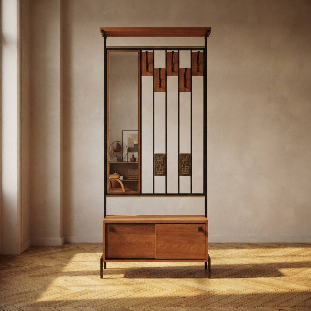 Vintage mid-century modern hallway coat rack with mirror by Alfred Hendrick