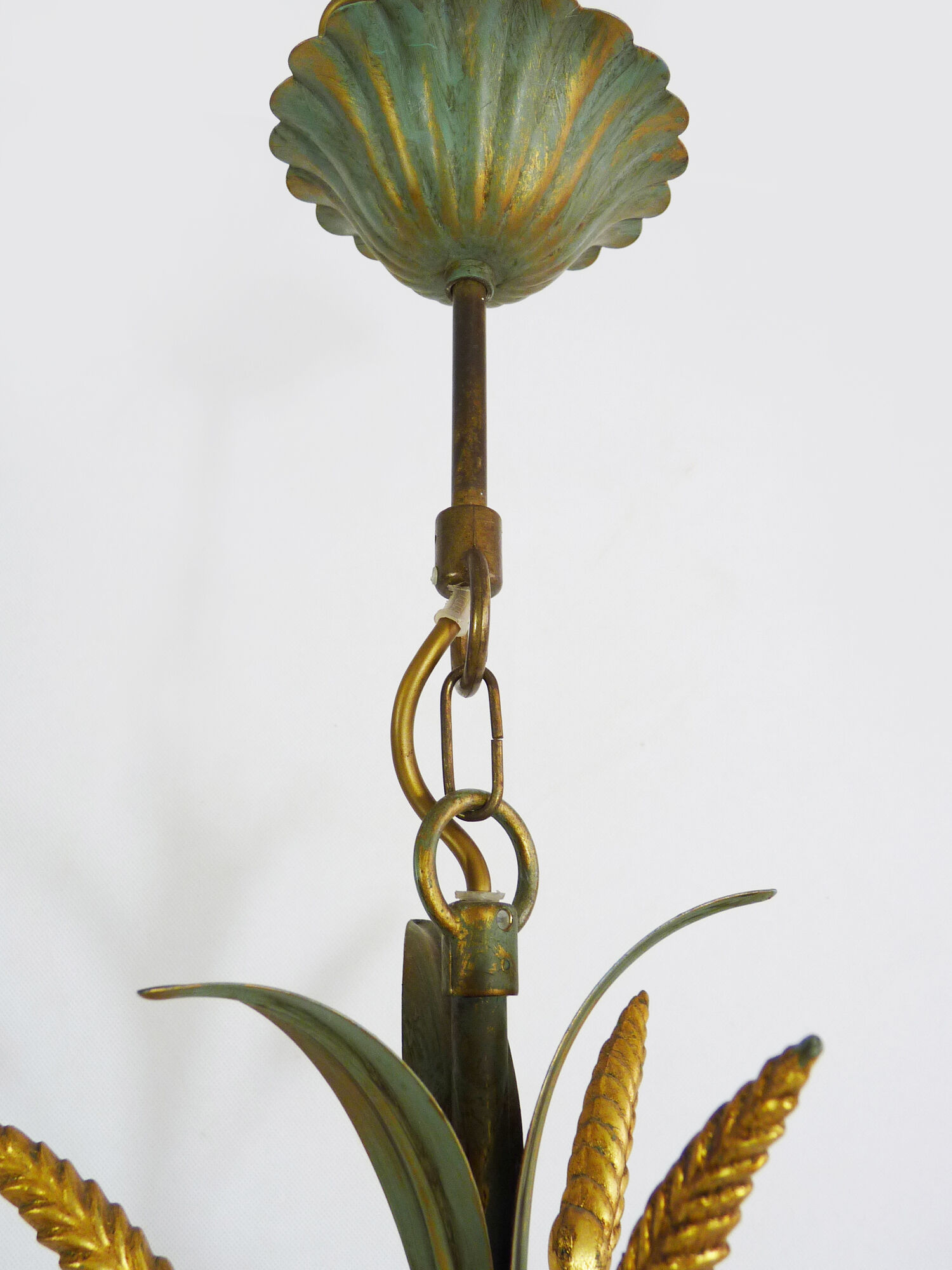 Masca's wheat ear chandelier in aged green and gold metal, 3 fires, year 70/80
