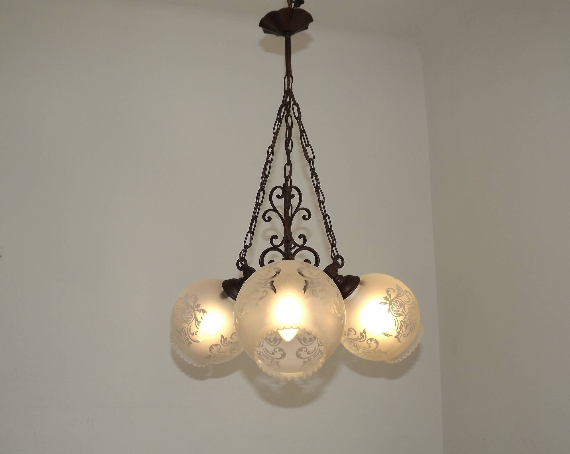 French Vintage 3 Light Bronze Effect Chandelier - Opaque Glass Ball Shades