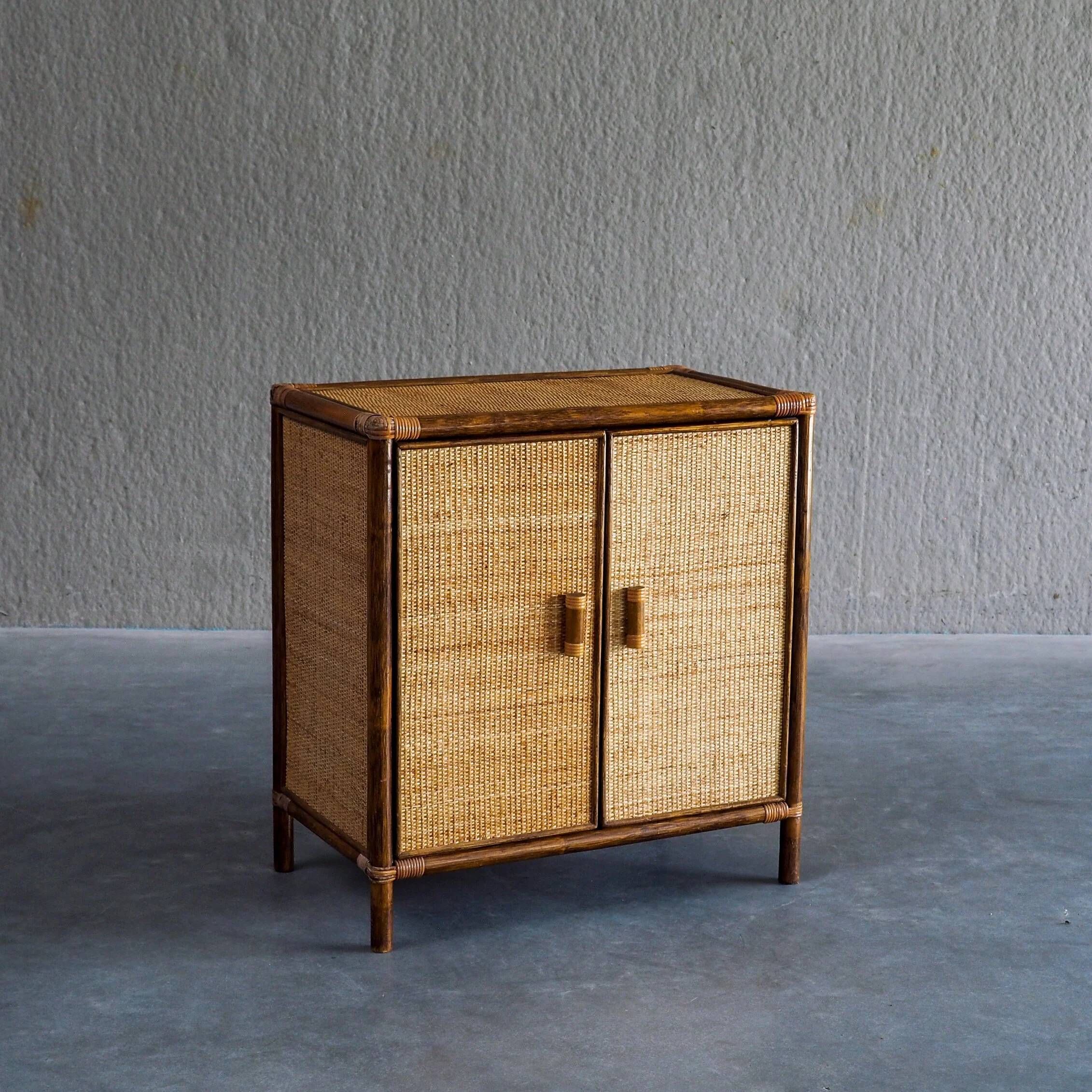 Vintage rattan & woven cane cabinet with 2 doors