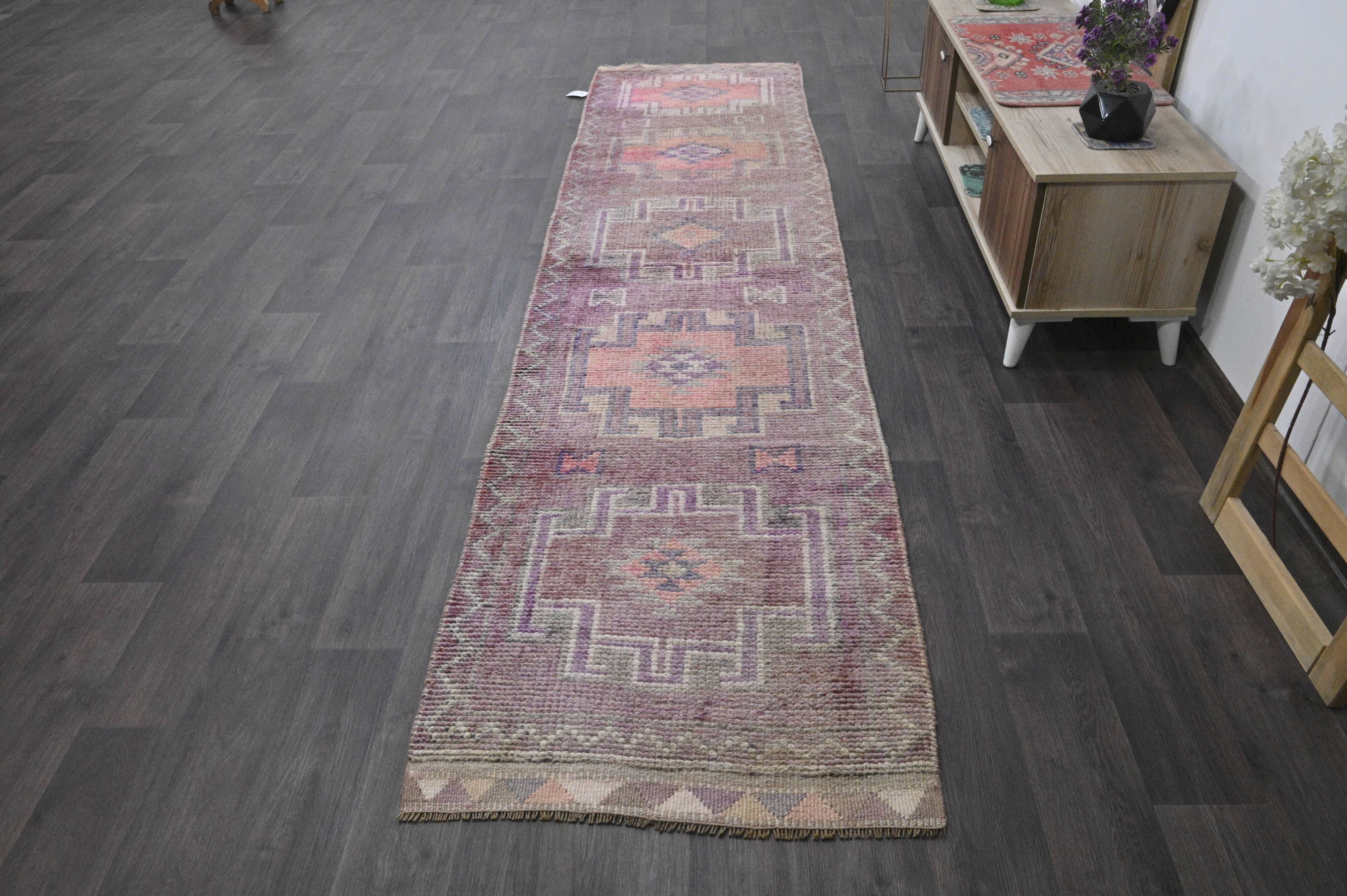 Vintage Turkish wool runner rug, mauve pink tones, 83x340 cm