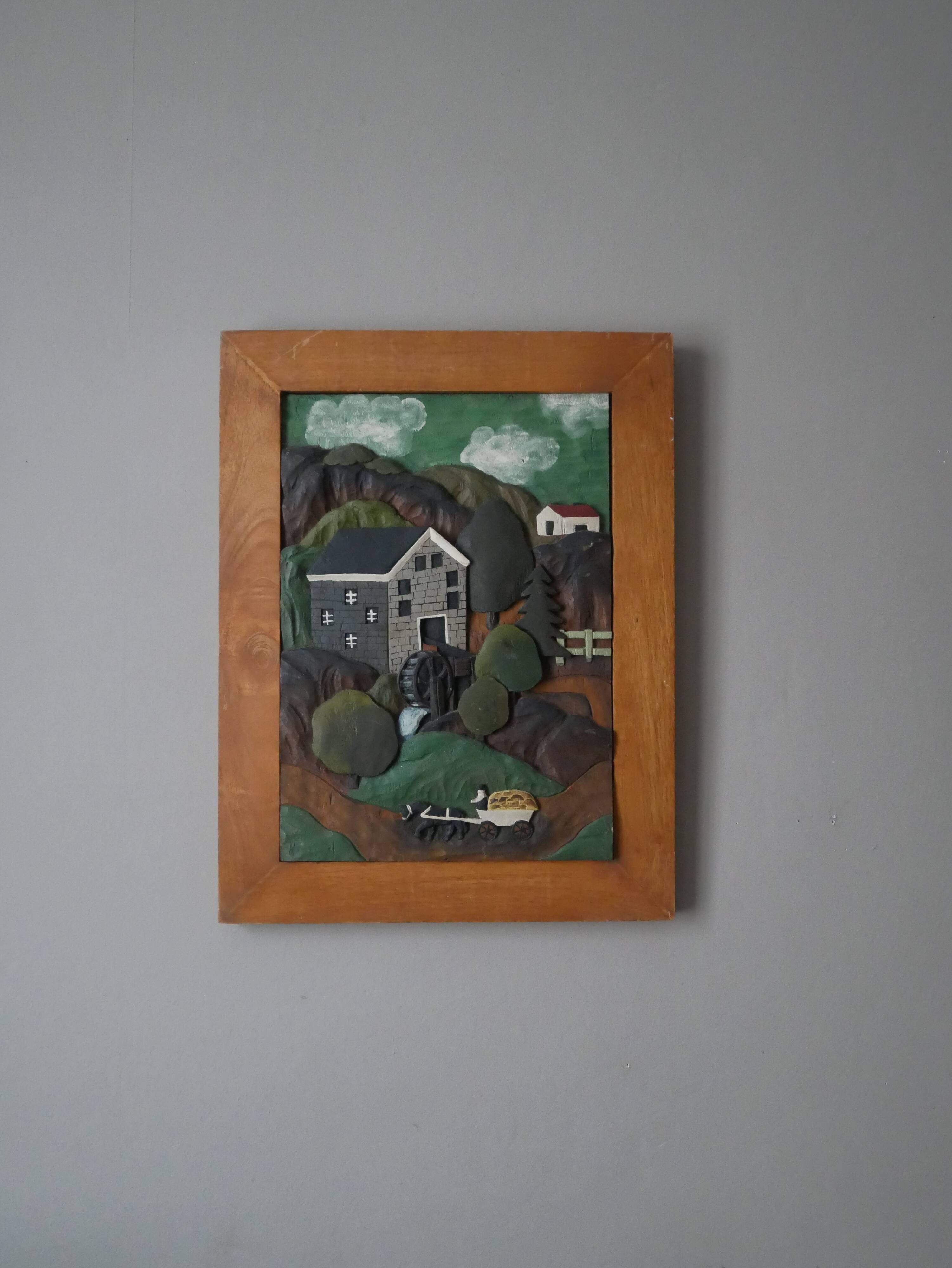 Naïve Art Painting in Handcrafted Wood Decorative Frame for Child Boy Mountain Landscape