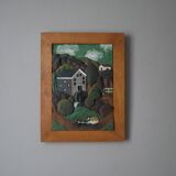 Naïve Art Painting in Handcrafted Wood Decorative Frame for Child Boy Mountain Landscape