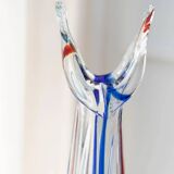 Grand vase en verre de Murano vintage, verre clair avec des détails bleus et rouges, années 1970 Italie – Soufflé à la main, base en trépied