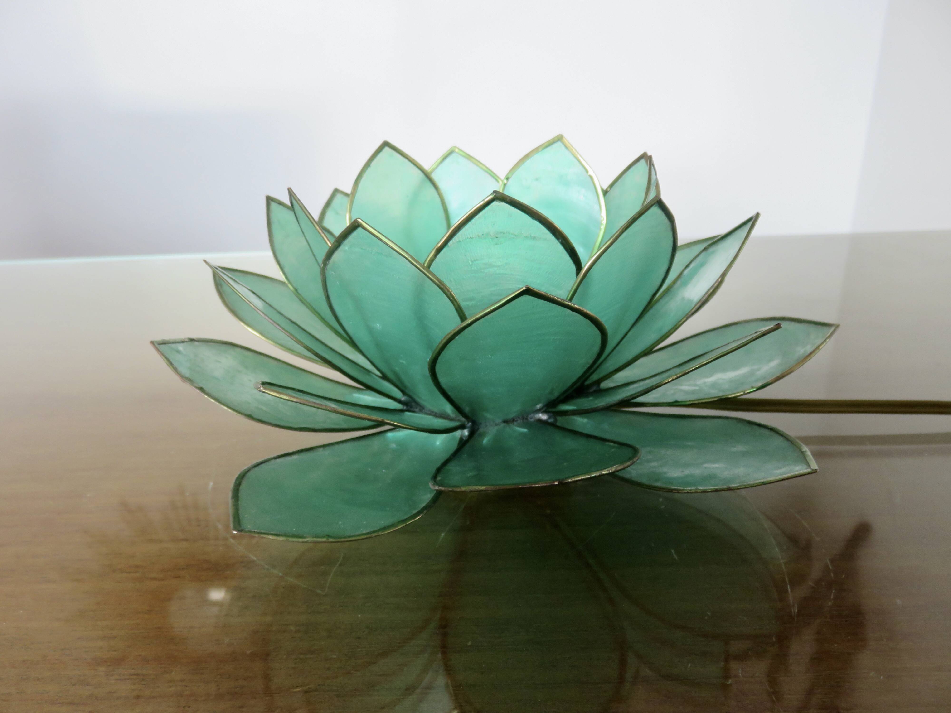 Capiz green mother-of-pearl and brass flower lamp, 1970s