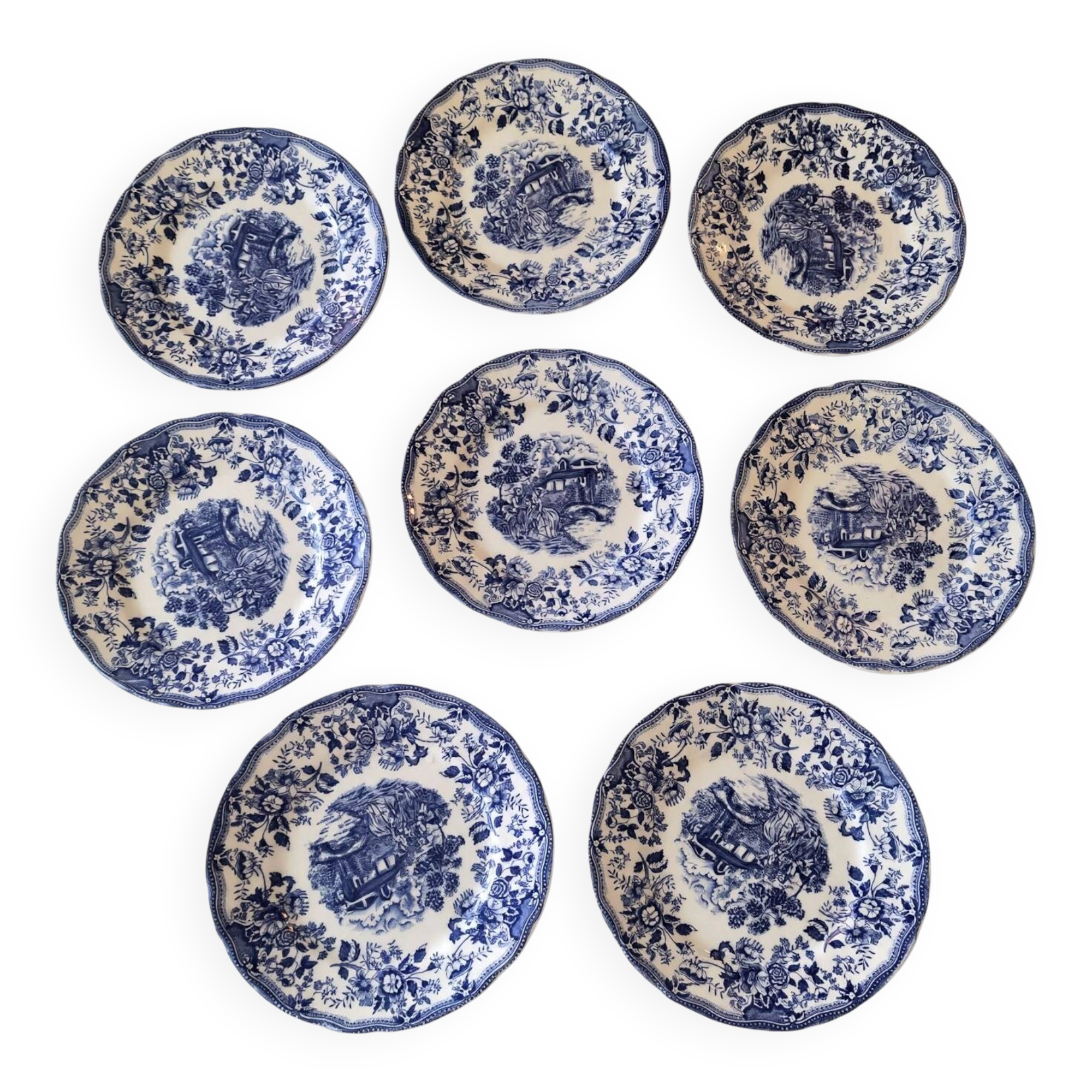 Lot de 8 assiettes Ironstone Tableware CBM bleu & white 1987 décor cottage