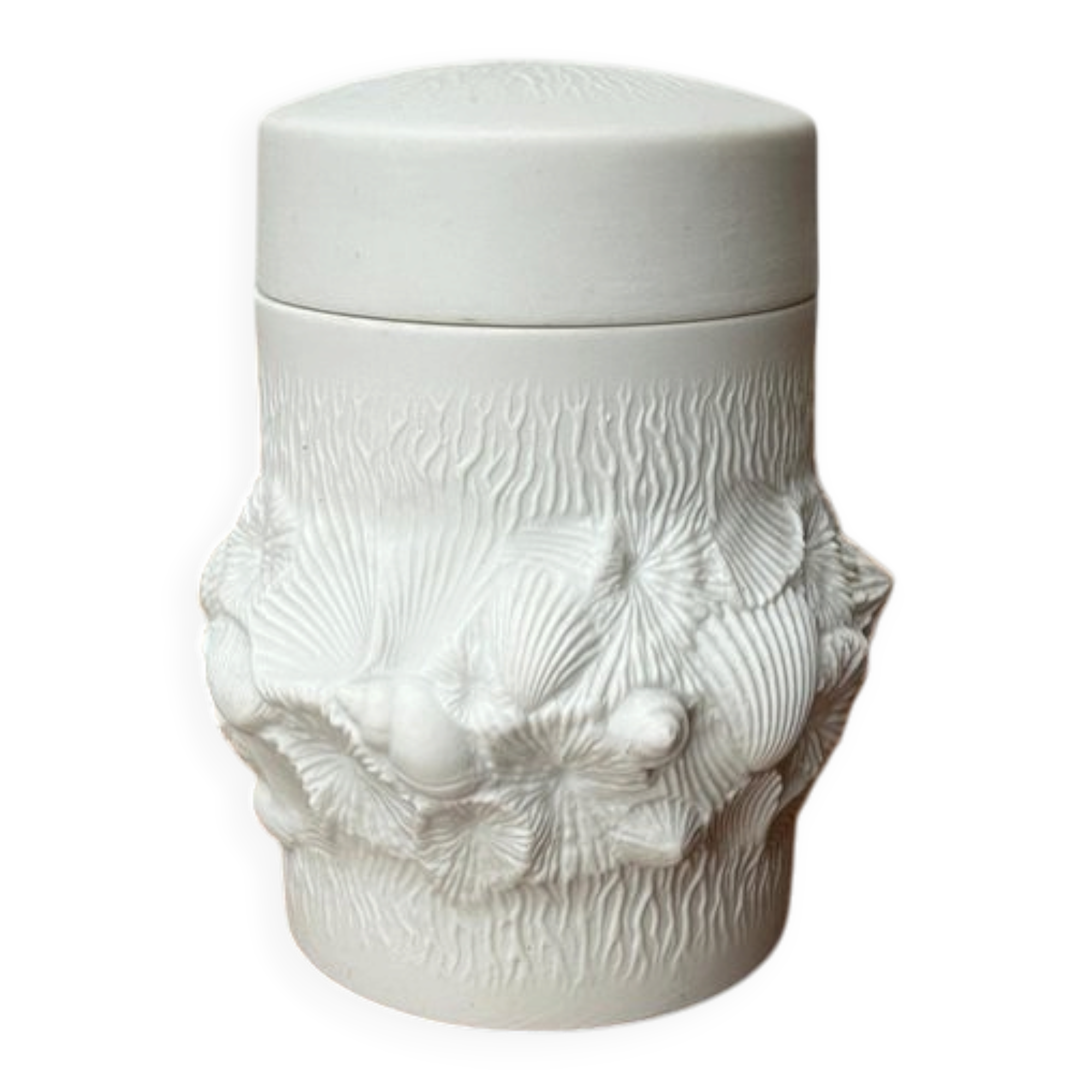 German mid-century white porcelain box with lid and shell motif by Kaiser, 1960s.