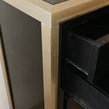 Console set and its mirror, black and gold, 80s