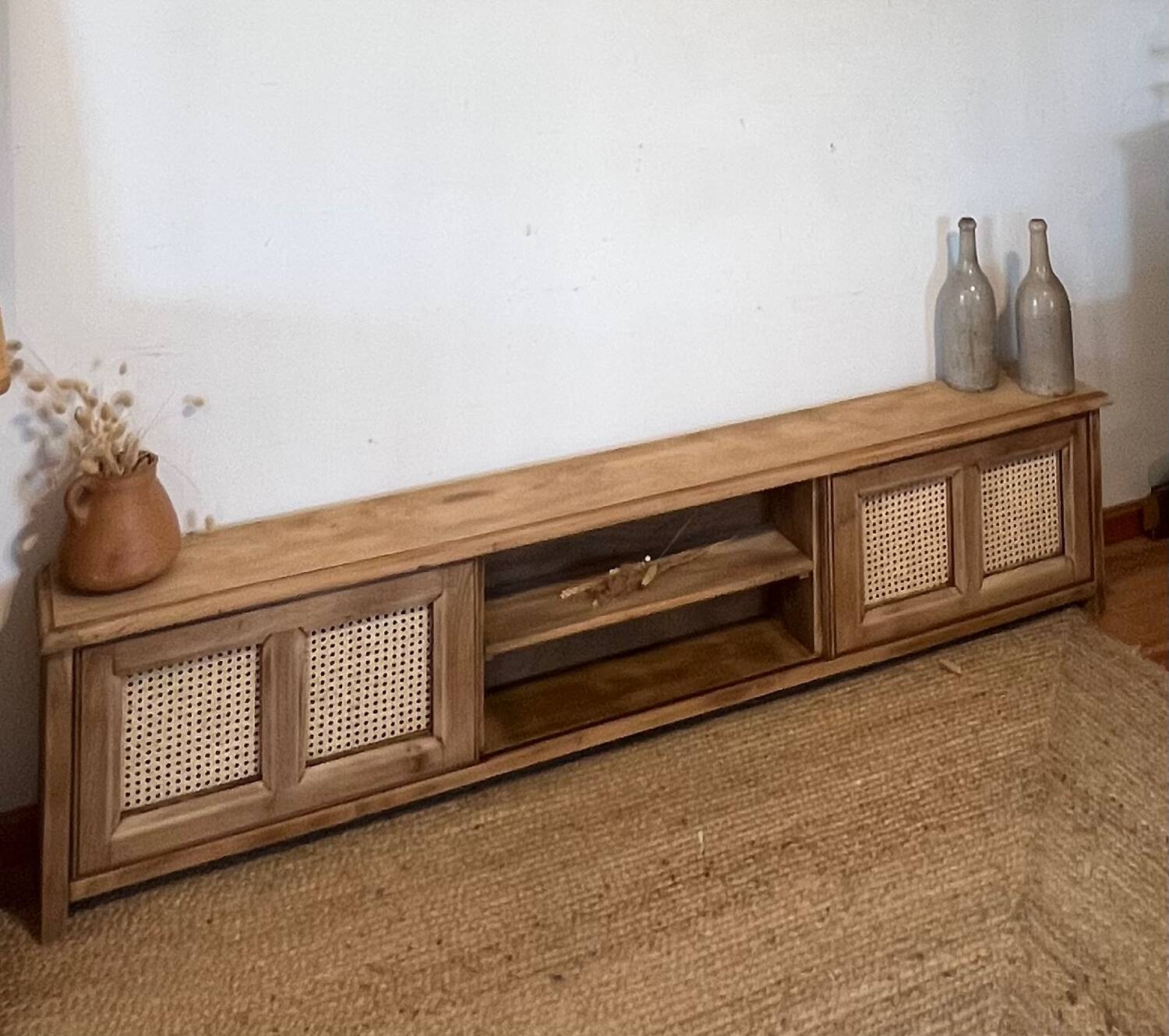 TV cabinet in raw oak and cane - sliding doors