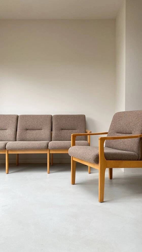 Vintage wooden seating area / sofa and 2 armchairs