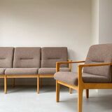 Vintage wooden seating area / sofa and 2 armchairs