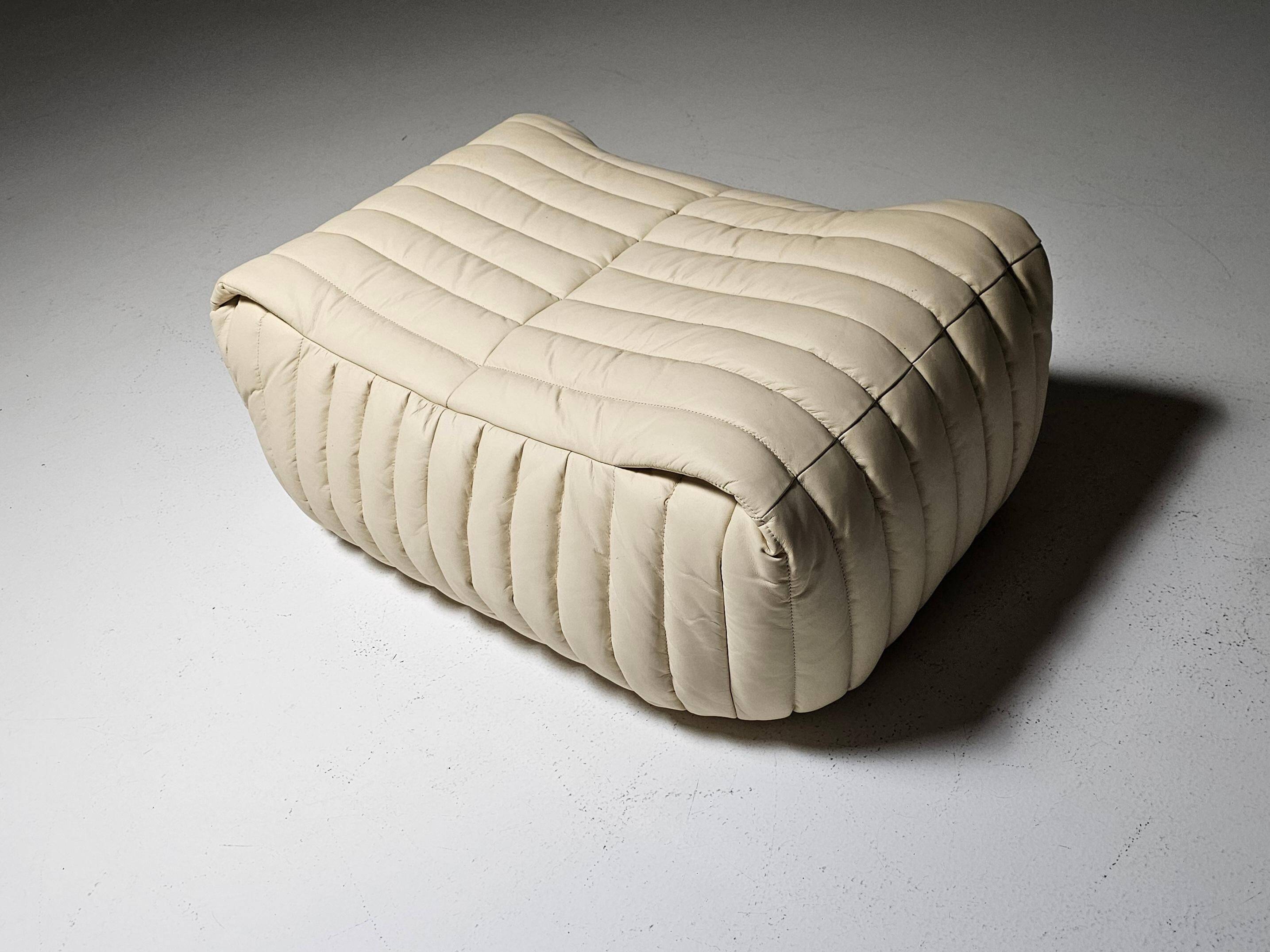 Cream leather ottoman/pouf by Annie Hieronimus for Cinna, 1970.