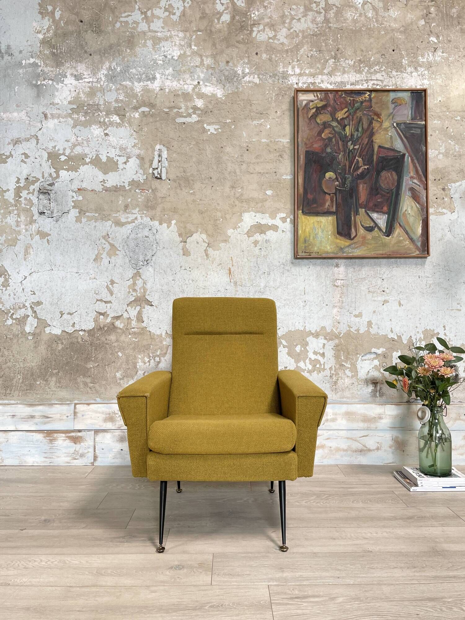Vintage armchair in fabric and metal compass legs, circa 1950.