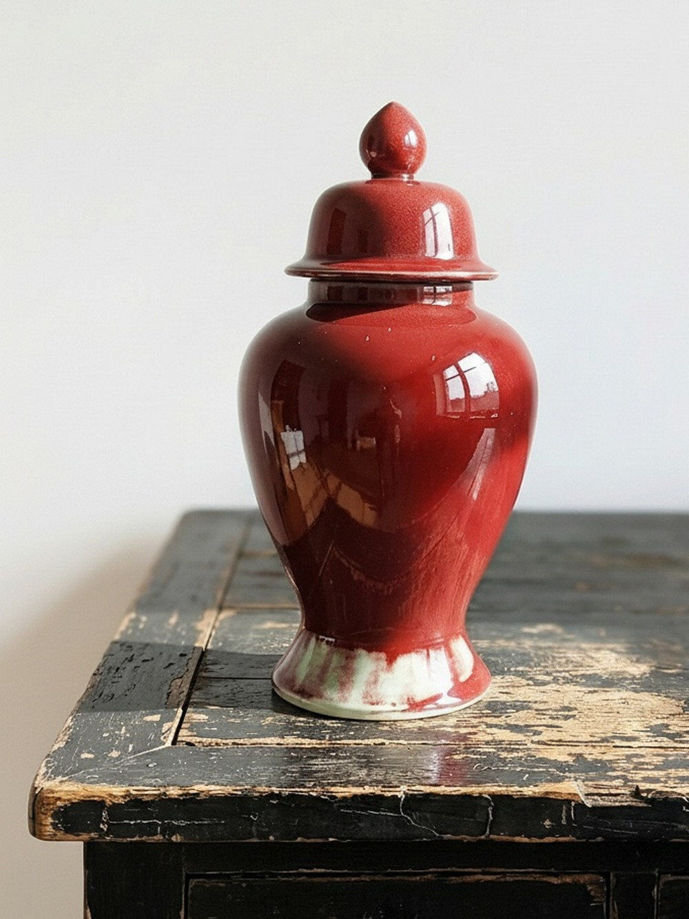 Covered vase, Chinese ginger jar in oxblood and celadon ceramic.