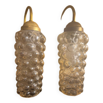 Set of 2 vintage wall lights, Danish teak, brass and bubble glass, Helena Tynell style, 1960s.
