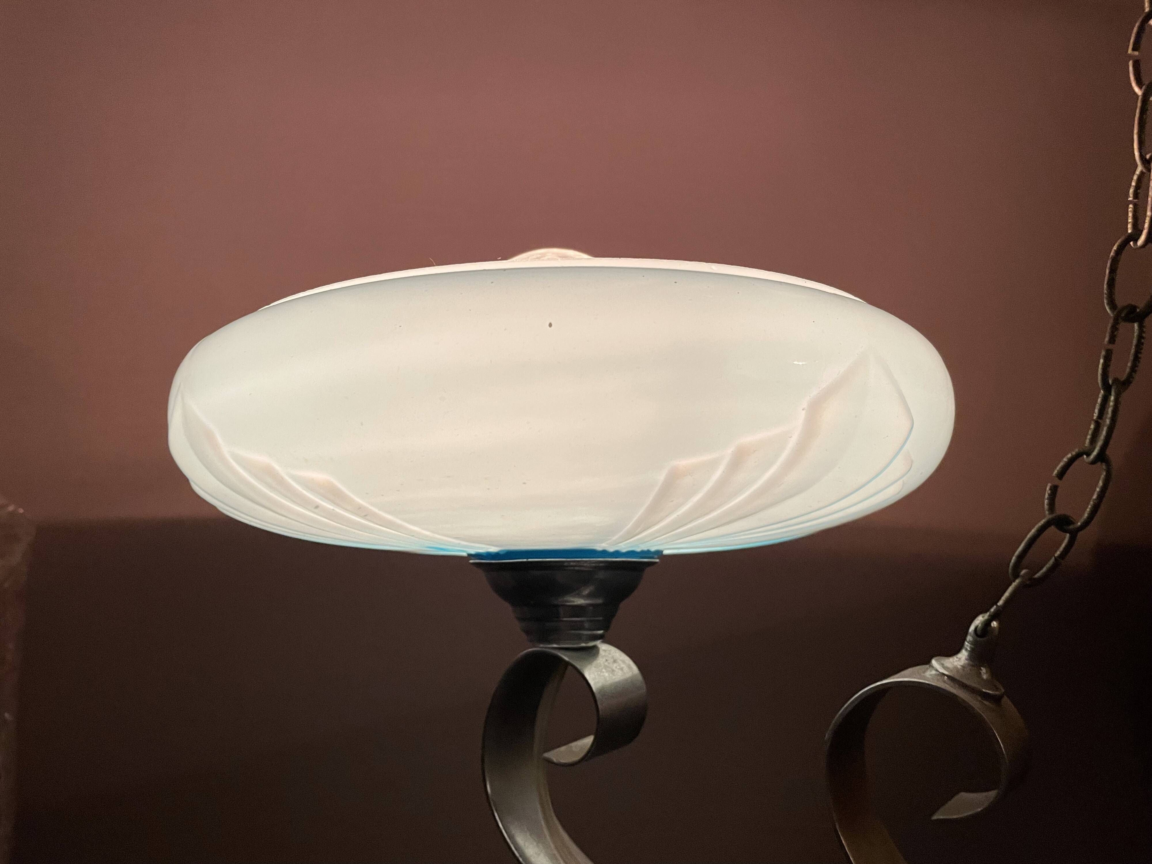 Art Deco chandelier with blue opaline glass