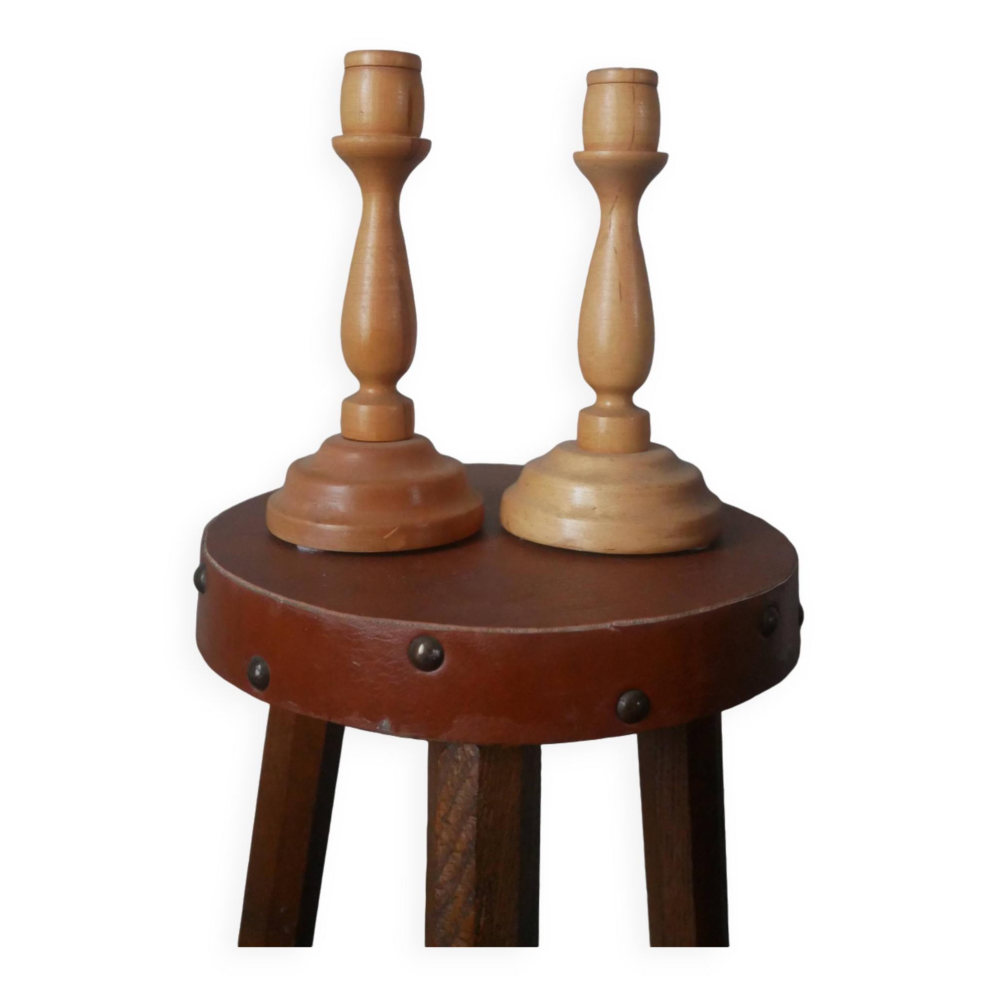 Pair of turned wooden candlesticks, handcrafted, Scandinavian country decoration