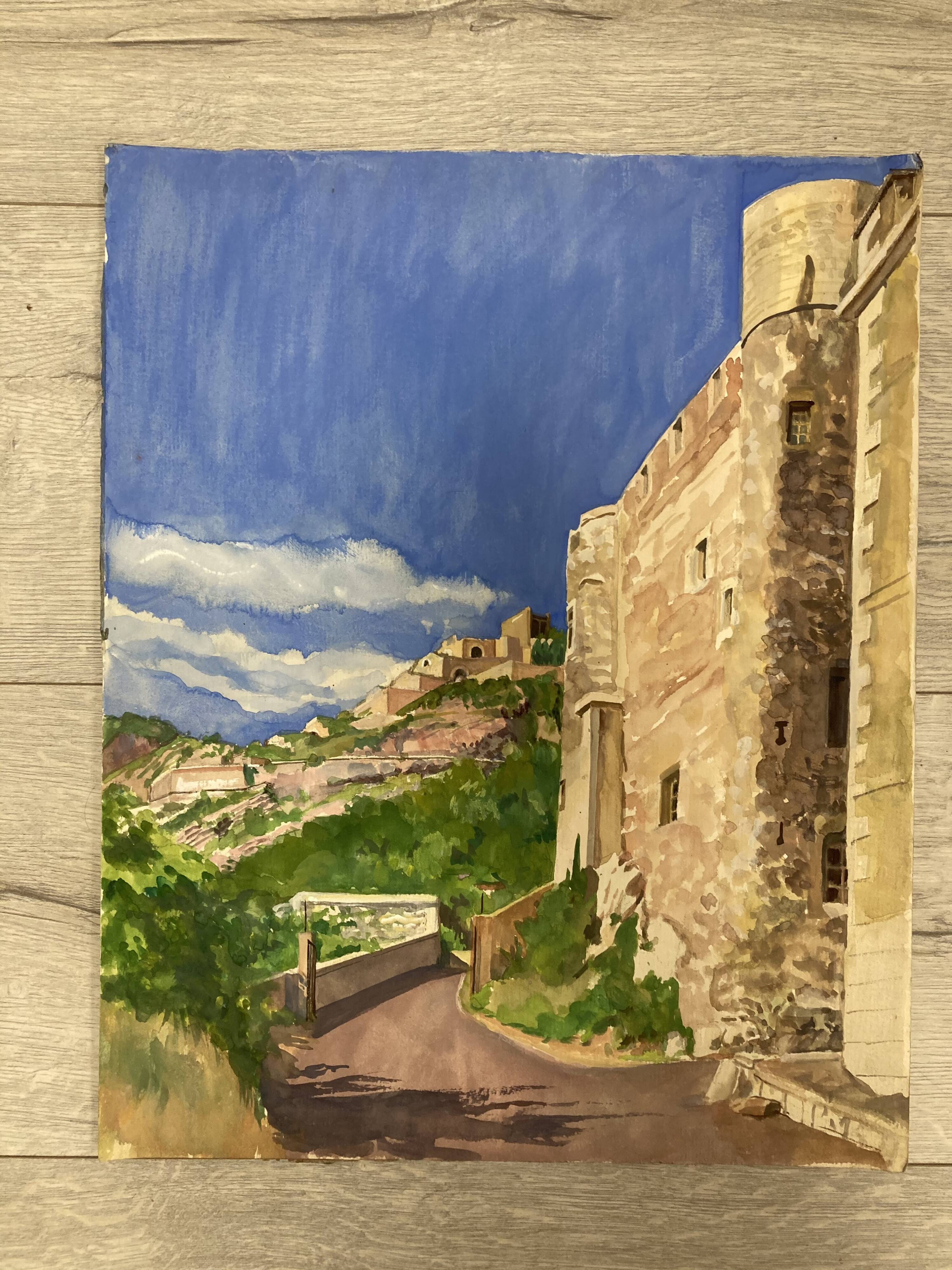 Watercolor Provencal landscape with fortified ramparts