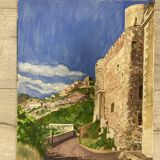 Watercolor Provencal landscape with fortified ramparts