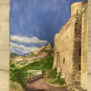 Aquarelle Paysage provençal aux remparts fortifiés