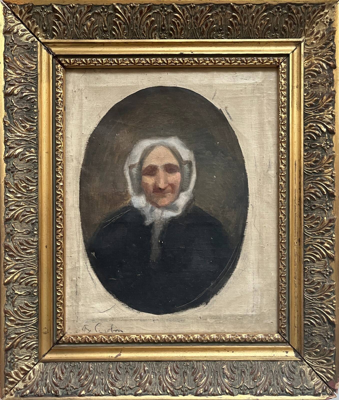 Oil painting on canvas "Portrait of Grandmother" signed + frame, 19th century