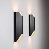 Architectural pair of vintage black metal wall lamps with angular geometric