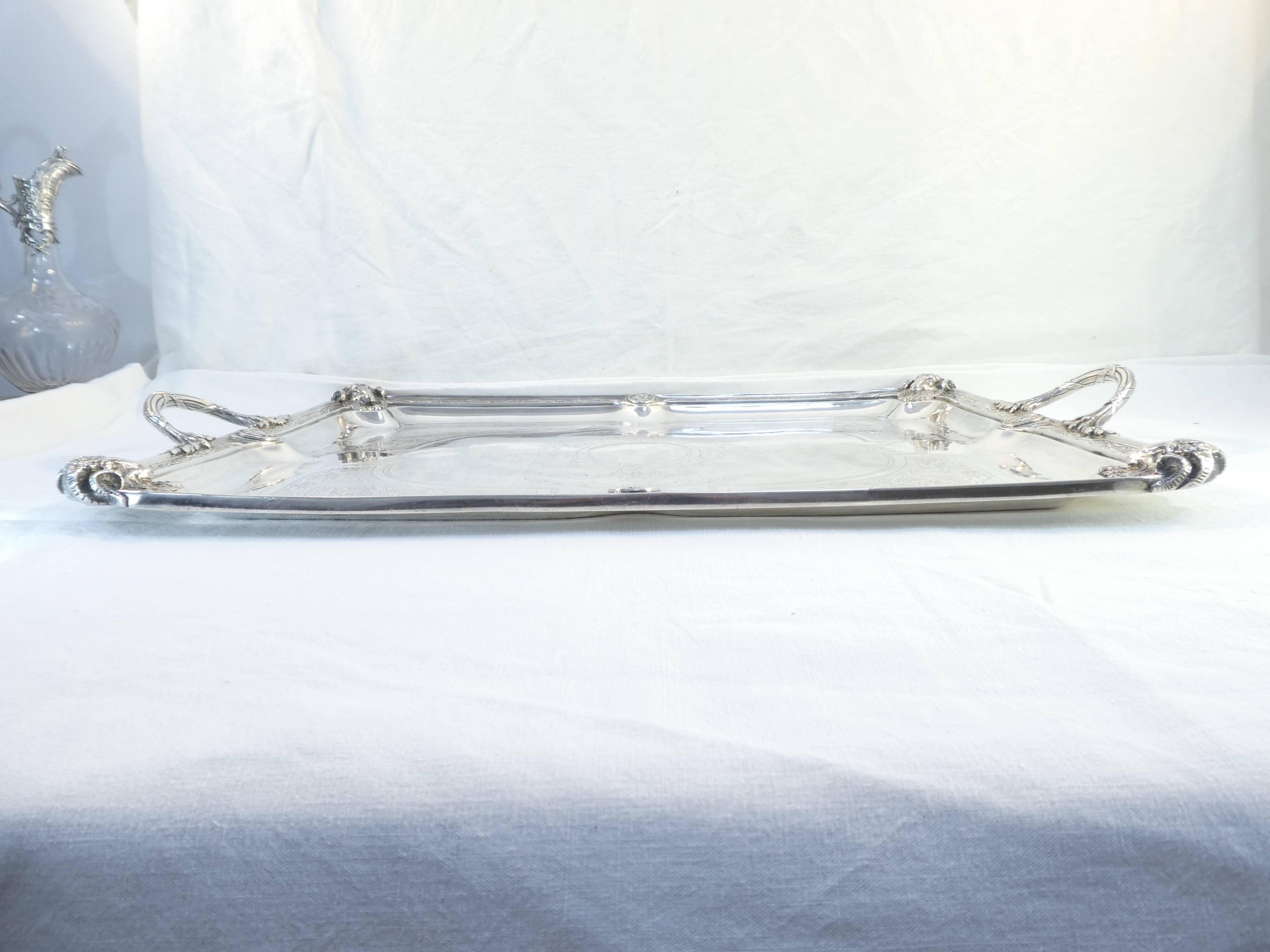 Service tray with silver metal belier 19th 77 X 52 cm