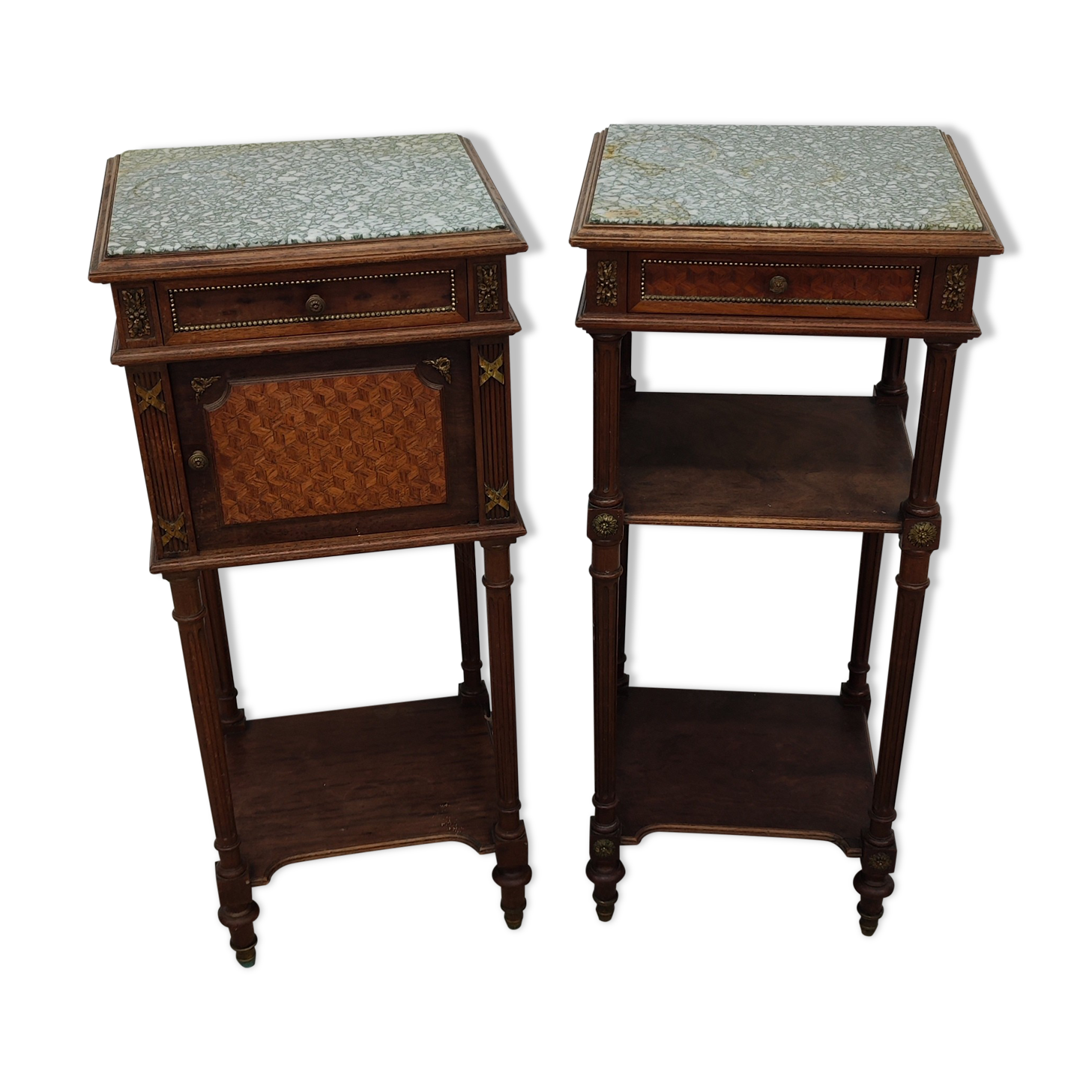 Pair of bedside old marquetry top green marble and bronze decorations