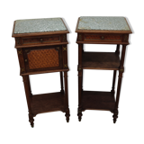 Pair of bedside old marquetry top green marble and bronze decorations