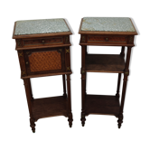 Pair of bedside old marquetry top green marble and bronze decorations