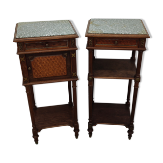 Pair of bedside old marquetry top green marble and bronze decorations