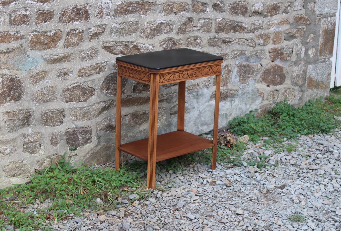 Art deco engraved wood side table