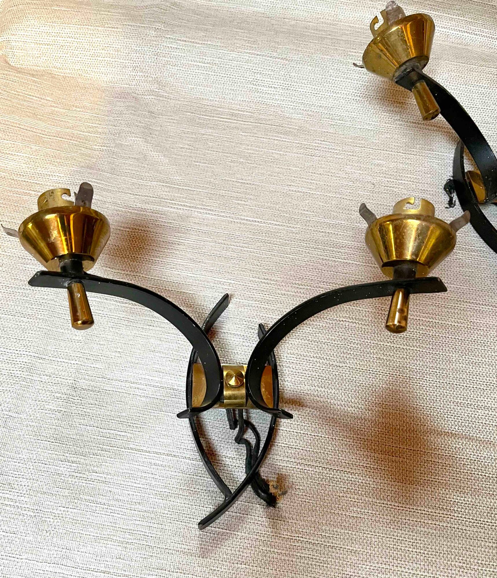 Maison arlus black and brass sconces with white opaline, france - a pair