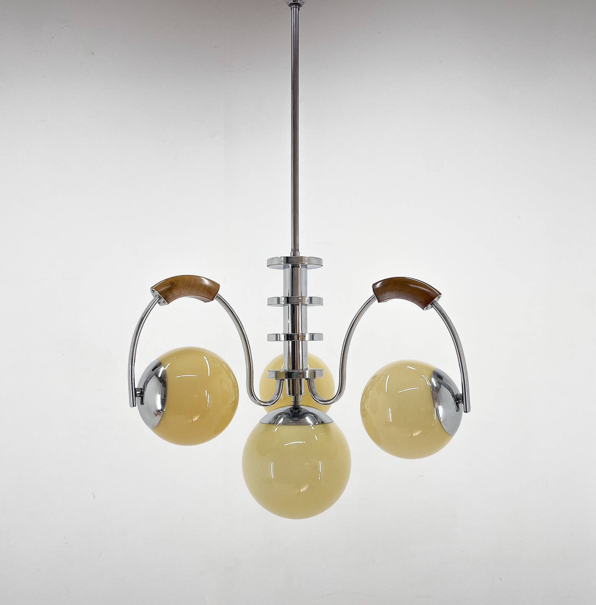 Lustre Art Déco Chrome & Bois, Restauré, Tchécoslovaquie