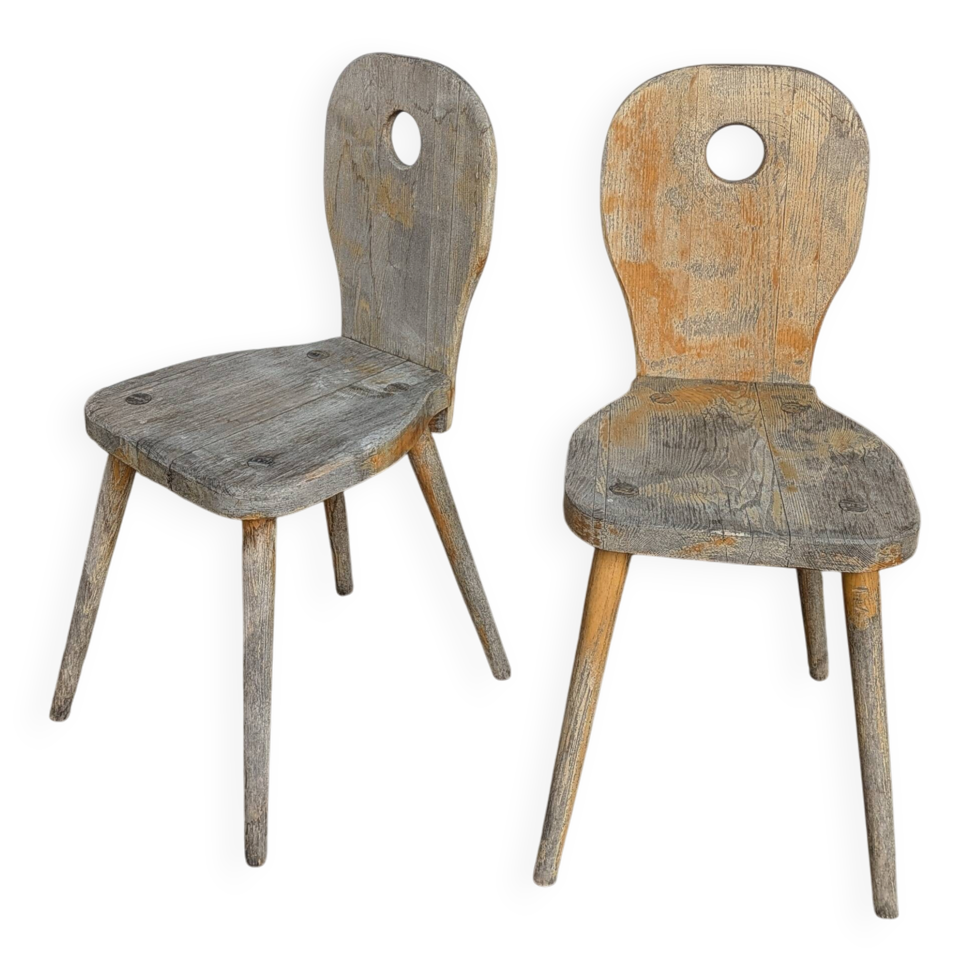 Set of 2 Rustic Primitive Wooden Chairs / Weathered Farmhouse Dining Chairs