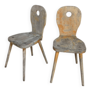 Set of 2 Rustic Primitive Wooden Chairs / Weathered Farmhouse Dining Chairs