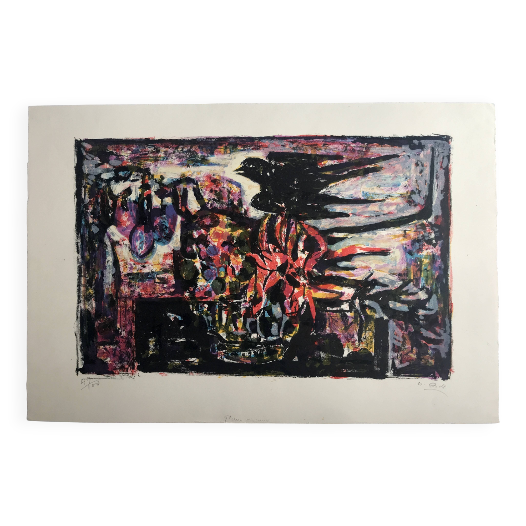 Yvette alde, flowers and birds, c 1950. lithograph signed in pencil