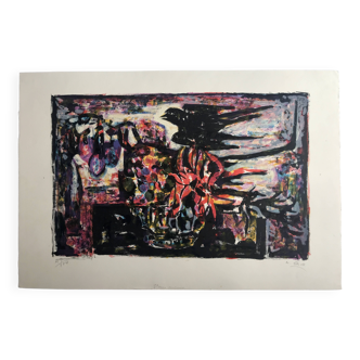 Yvette alde, flowers and birds, c 1950. lithograph signed in pencil