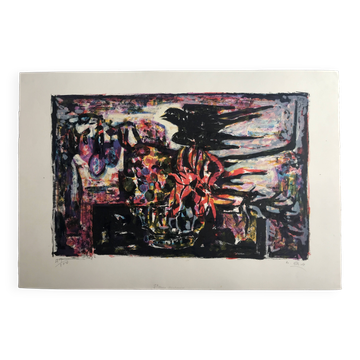 Yvette alde, fleurs oiseaux, c 1950. lithographie signée au crayon
