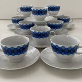Service of 11 Coffee Cups and Saucers - 70s Design - White and Blue Porcelain