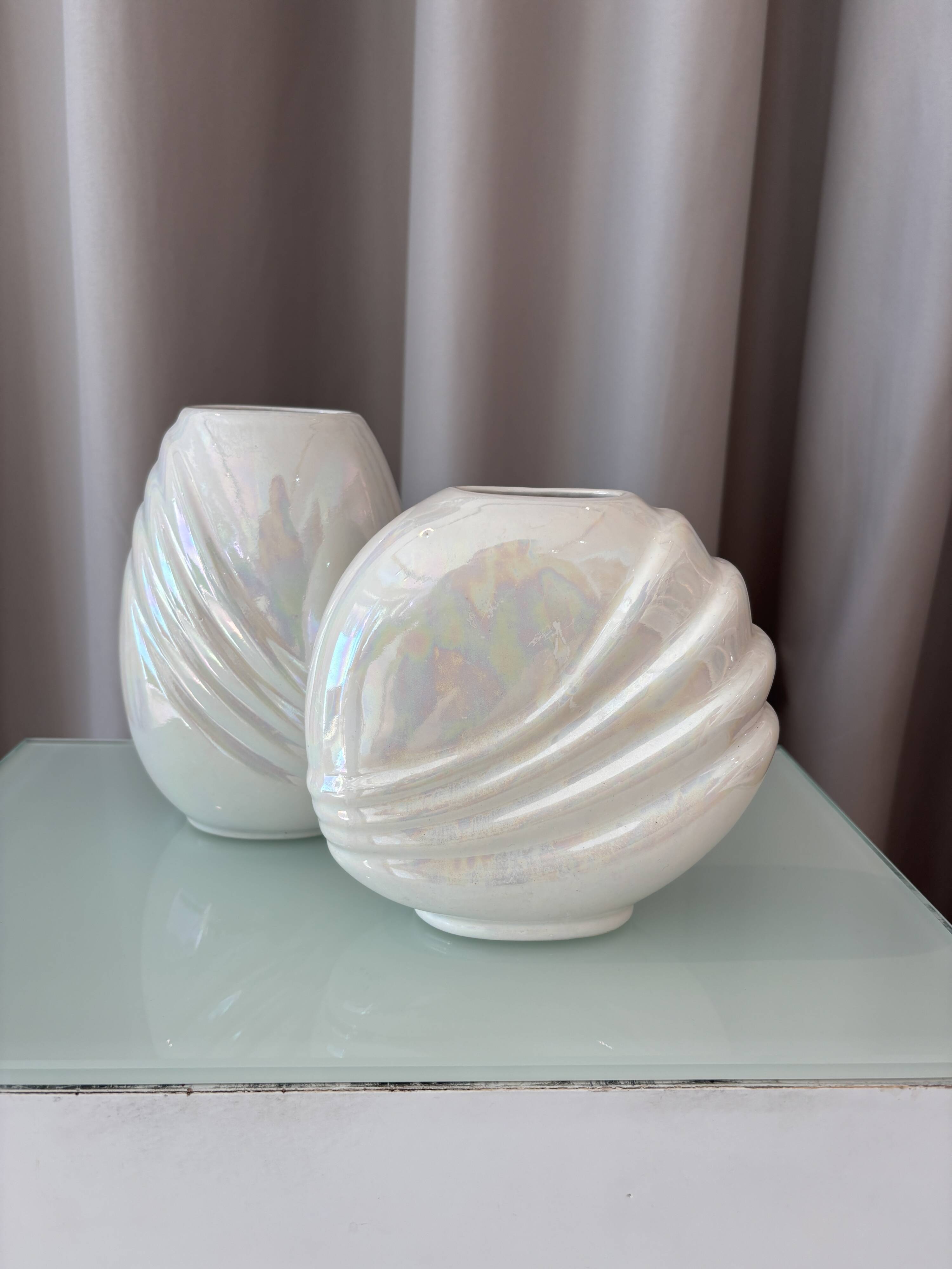 Pair of vintage iridescent white ceramic vases
