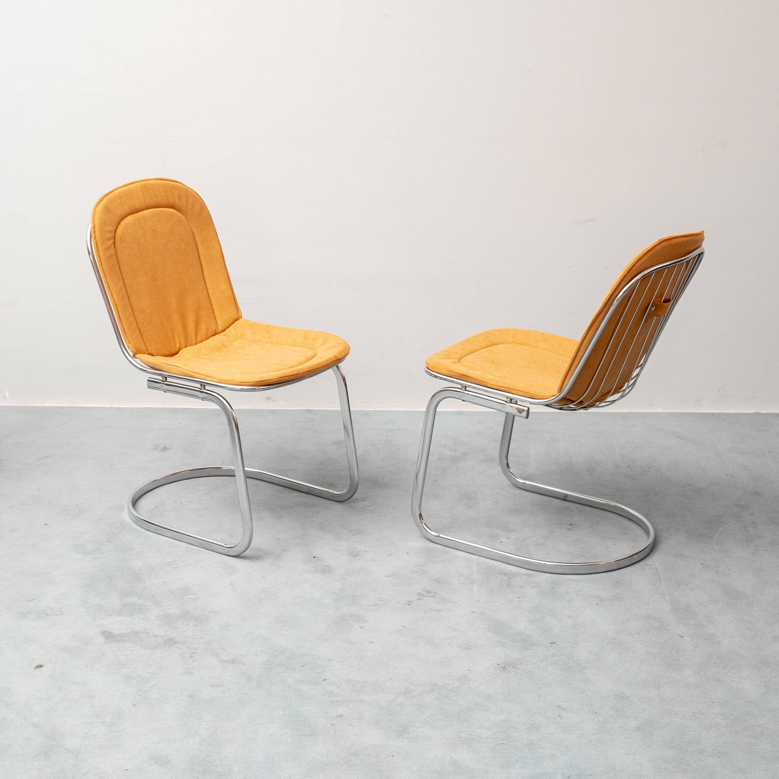 Set of 4 vintage Gastone Rinaldi chairs in chromed steel and yellow fabric, 1970s modernism