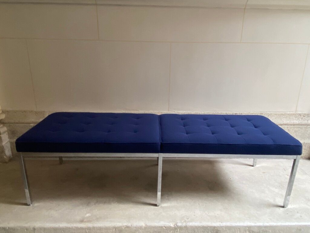 Florence Knoll bench for Knoll Studio blue fabric.