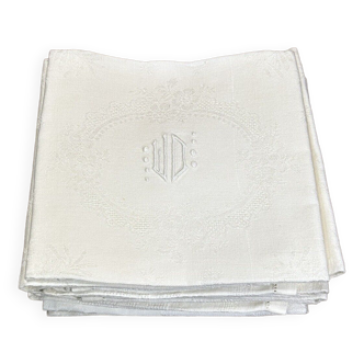 Series of 12 antique damask linen towels - hand embroidered, monogram " WD "