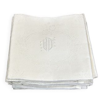 Série de 12 serviettes anciennes lin damassé - brodées main, monogramme " wd "