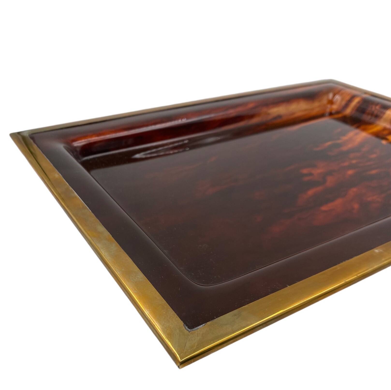 Plateau Hollywood Regency en laiton et en écaille de tortue, Italie, années 1970