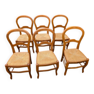 Set of 6 rush-seated chairs in cherry wood - 1960s