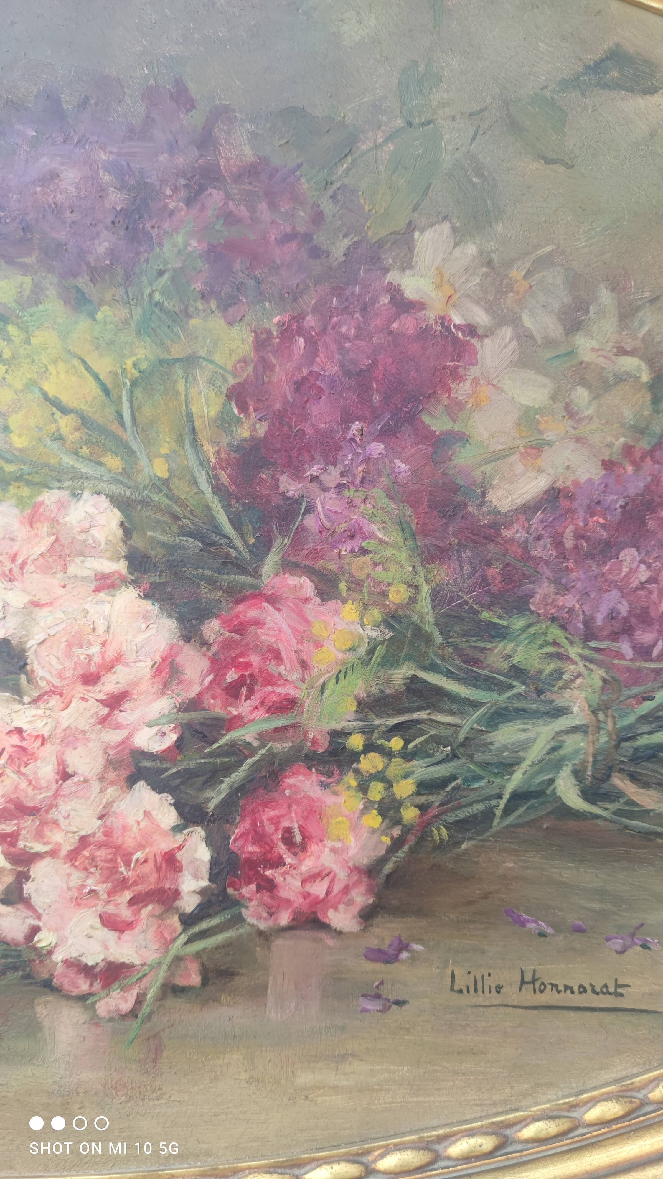 Elliptical table still life bouquet of flowers oil on wood by Lillie Honnorat