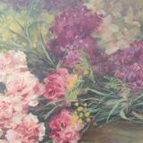 Elliptical painting still life bouquet of flowers oil on wood by Lillie Honnorat