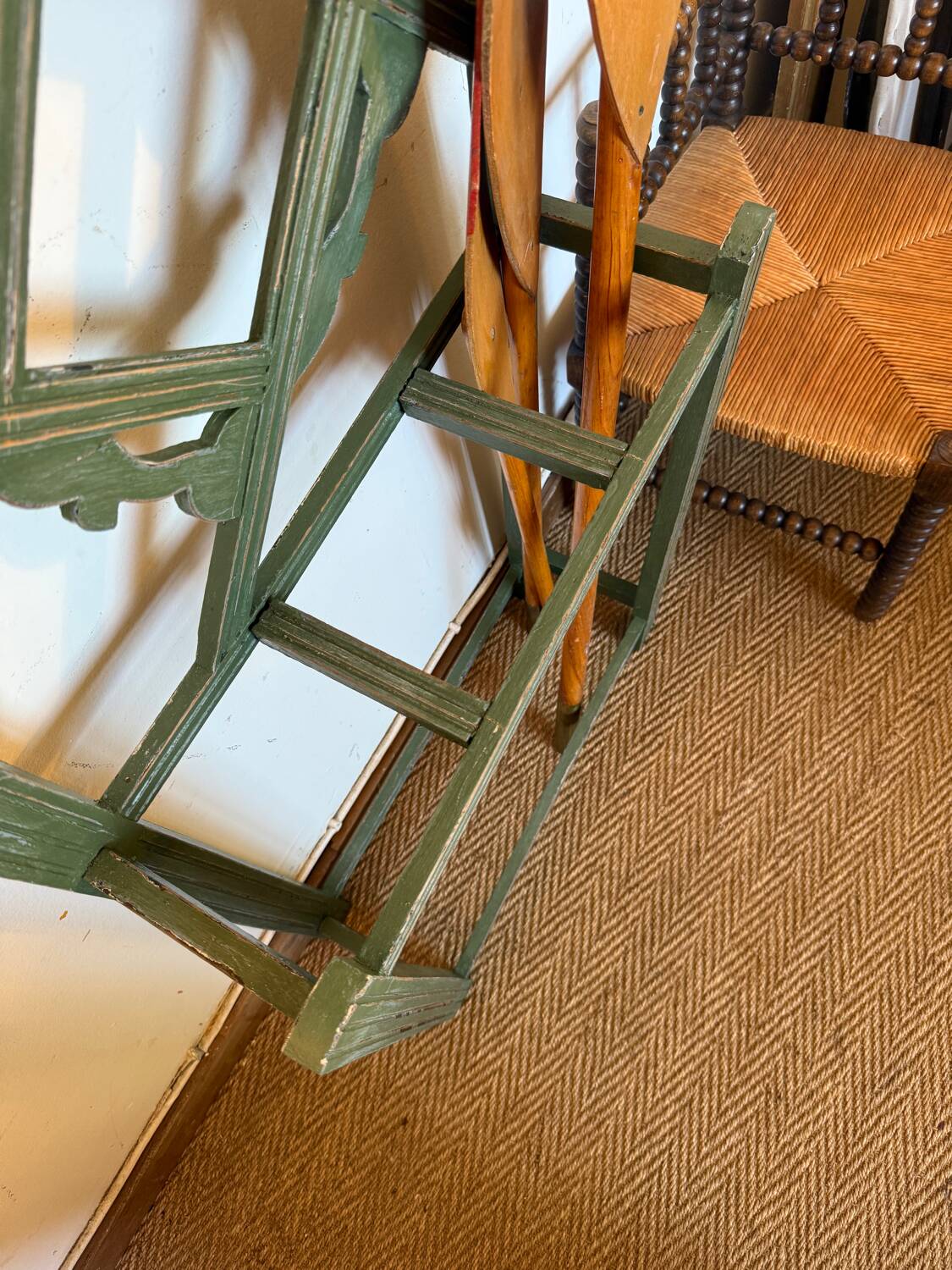 Art Deco coat rack in green patinated wood